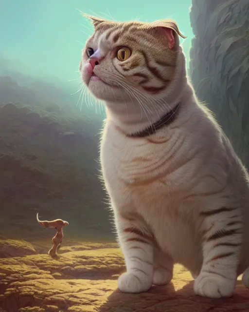 Image similar to highly detailed surreal vfx portrait of a sacred scottish fold cat, stephen bliss, unreal engine, greg rutkowski, loish, rhads, beeple, makoto shinkai and lois van baarle, ilya kuvshinov, rossdraws, tom bagshaw, alphonse mucha, global illumination, detailed and intricate environment