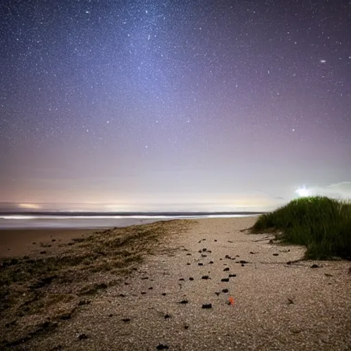 Prompt: Meteors enter atmosphere while walking dog on a beach