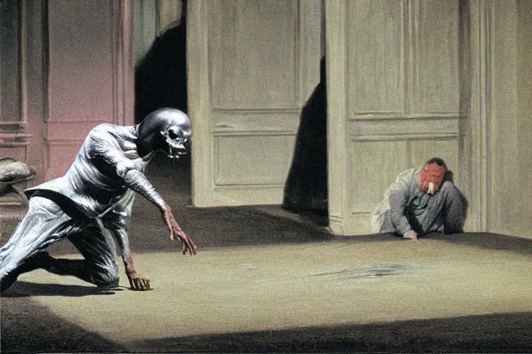 Prompt: ring wraith sniffing the ground, movie still, ultra realism, very detailed, style of francis bacon