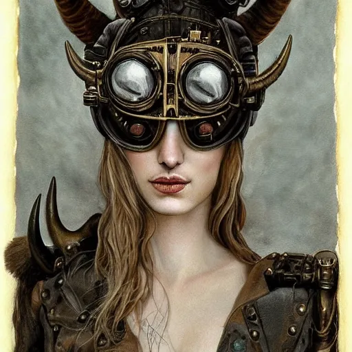 Prompt: a hyperrealistic portrait painting of a beautiful woman with demonic horns wearing steampunk goggles, riding a horse into the fires of hell, by santiago caruso, highly detailed,