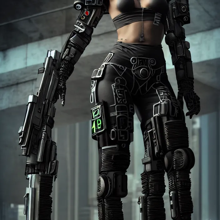Image similar to full length portrait photograph of a real-life beautiful woman cyberpunk soldier. Extremely detailed. 8k