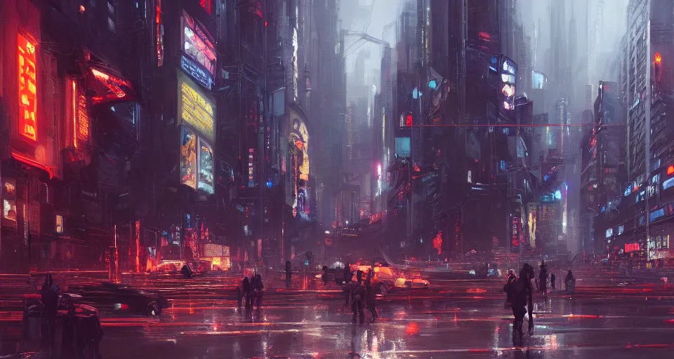 Image similar to very detailed masterpiece painting of a busy cyberpunk city street, portrait, artstation, concept art by greg rutkowski