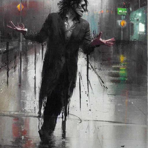 Image similar to painting of Joaquin Phoenix as the joker, dancing in the rain, by Jeremy Mann, detailed, stylized, loose brush strokes, intricate, realistic, exaggerated lighting, sense of scale, free, melancholy