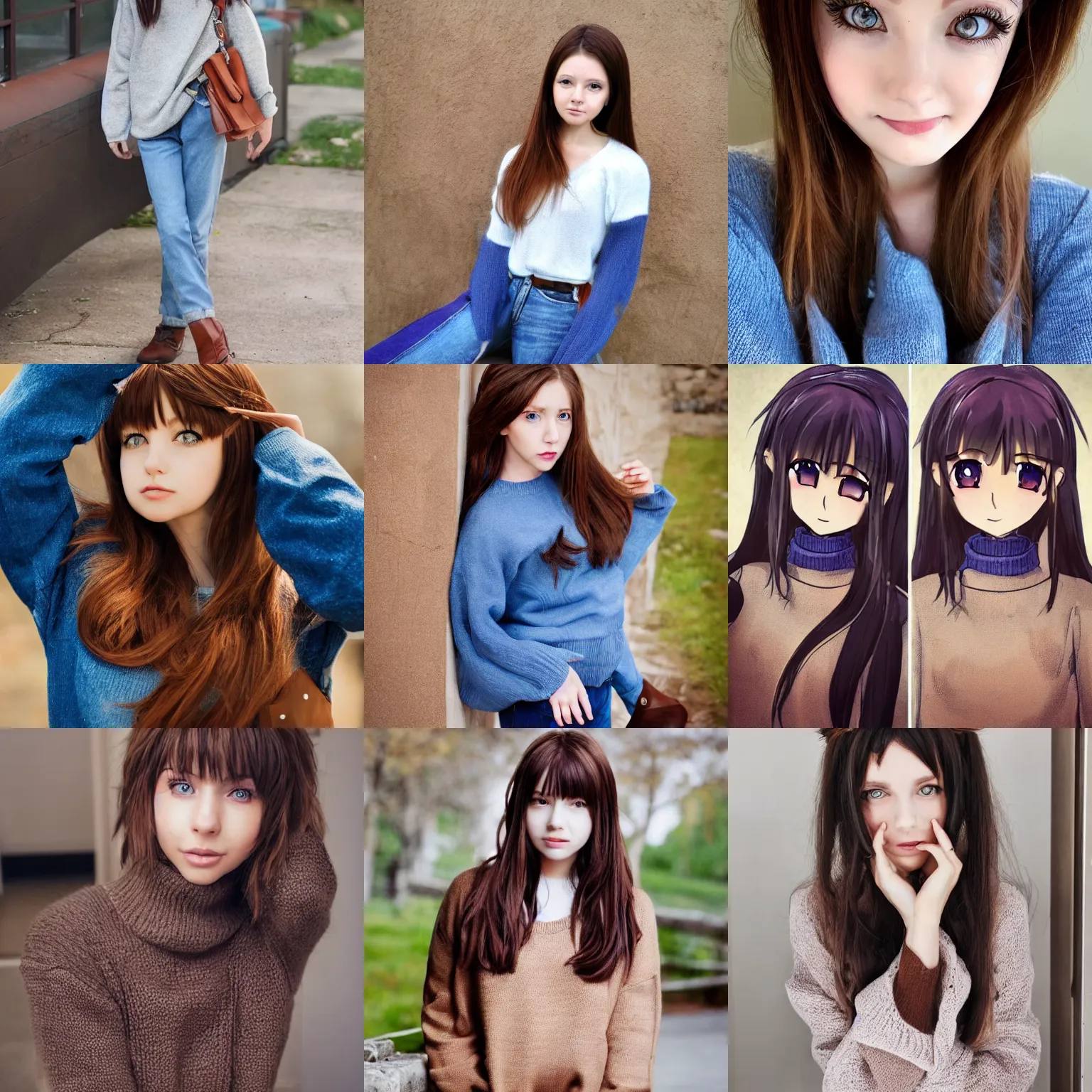 Prompt: a pretty anime girl wearing a sweater and jeans, with blue eyes and brown hair