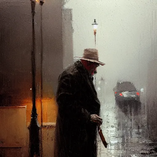 Image similar to lonely old man smoking a cigar, rainy night, painting by jeremy mann