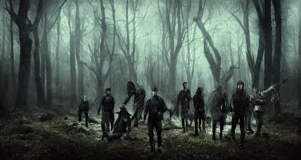 Image similar to an epic action photorealistic masterpiece of a group of werelions, in a forest made of nightmares, horrific digital art, extremely moody lighting, style of chippy