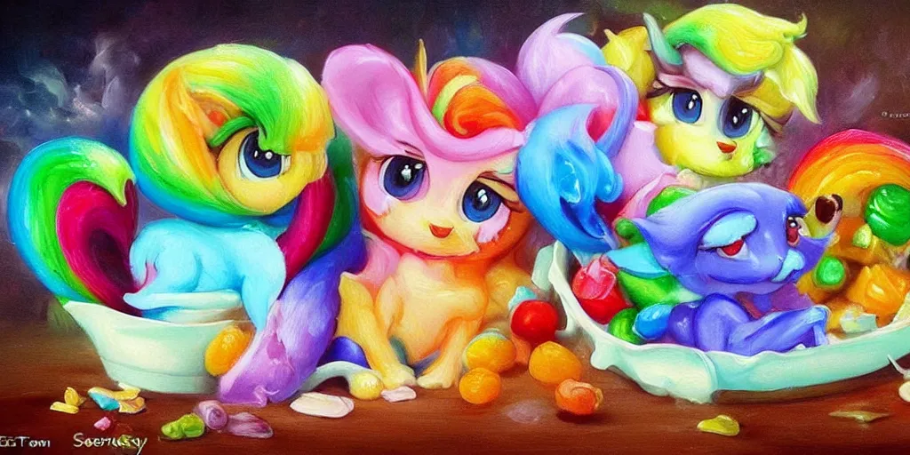 Prompt: rainbow sorbet made in the shape of 3 d littlest pet shop mythical creature, realistic, melting, soft painting, desserts, ice cream, master painter and art style of noel coypel, art of emile eisman - semenowsky, art of edouard bisson
