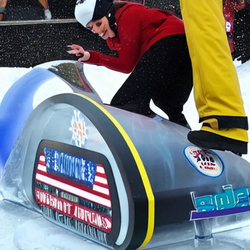 Prompt: sports illustrated olympics photo, an elderly woman sliding down an ice luge at incredibly high speeds