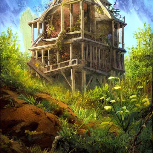 Prompt: Painting of the abandoned wizard's tower in the overgrown garden. Fantasy art.