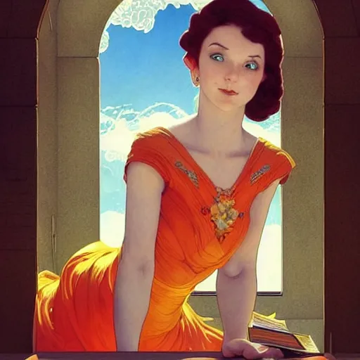 Image similar to a smiling beautiful woman with short red hair wearing a yellow dress and reading a book, blue eyes, masterpiece, intricate, elegant, highly detailed, digital painting, artstation, concept art, smooth, sharp focus, illustration, art by artgerm and greg rutkowski and alphonse mucha and uang guangjian and gil elvgren and sachin teng, symmetry!!