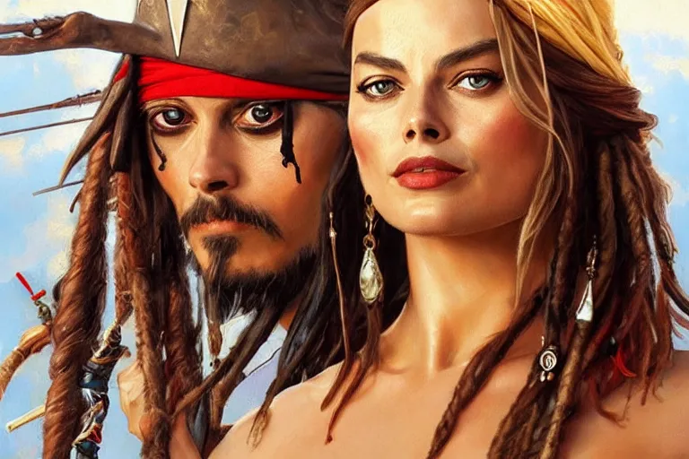 Image similar to Margot Robbie as Jack Sparrow pirate, elegant, sun shines in the sky, blood in the seahighly, detailed, digital painting, artstation, concept art, smooth, sharp focus, illustration, art by artgerm and greg rutkowski and alphonse mucha