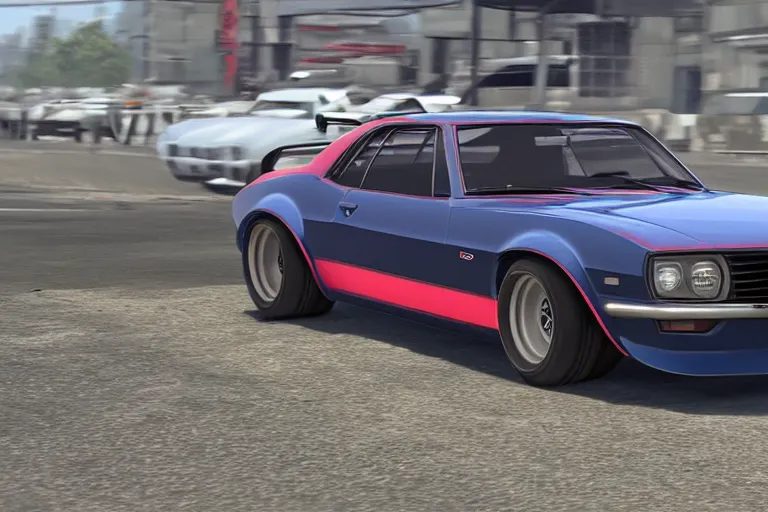 Image similar to audi camaro b 1 ( 1 9 6 9 ) drifting, need for speed : carbon, neon lines, ultra phonk, phonk music background, smoke behind wheels, noise, dark, establishing shot, through the streets of riften