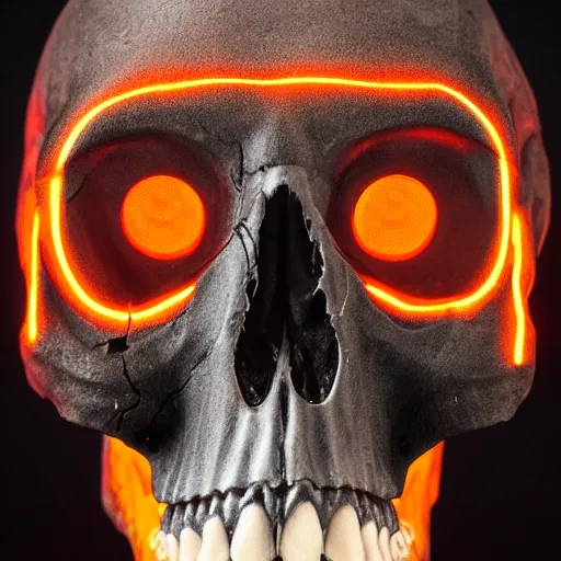 Image similar to real human skull with circular orange light electronic eyes in eye holes