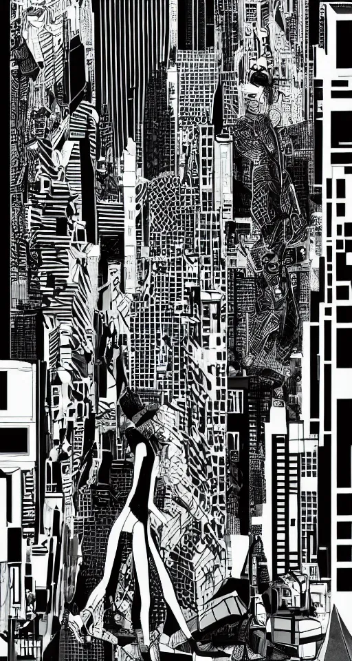 Prompt: cypherpunk fashion illustration, camera face, city street background with high tall buildings, central park, abstract landscape, diane arbus, highly detailed, finely detailed, shadows realism