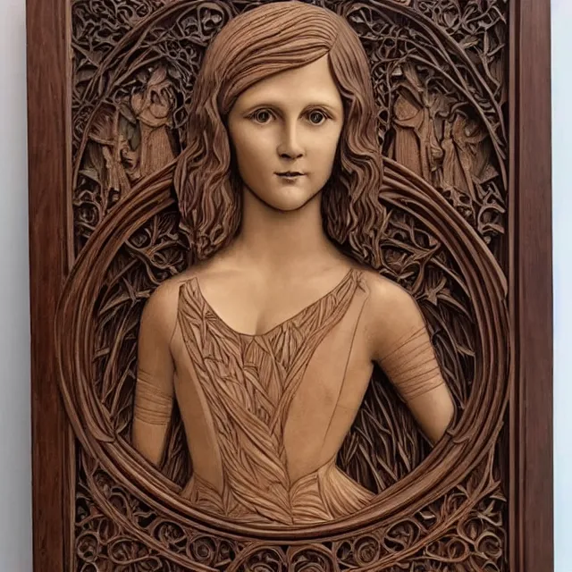 Image similar to a 3 d bas - relief wooden mahogany art nouveau carved sculpture of a young millie bobby brown or alicia vikander with long hair blowing in the wind, in front of a delicate tracery pattern, intricate and highly detailed, well - lit, ornate, realistic, polished with visible wood grain