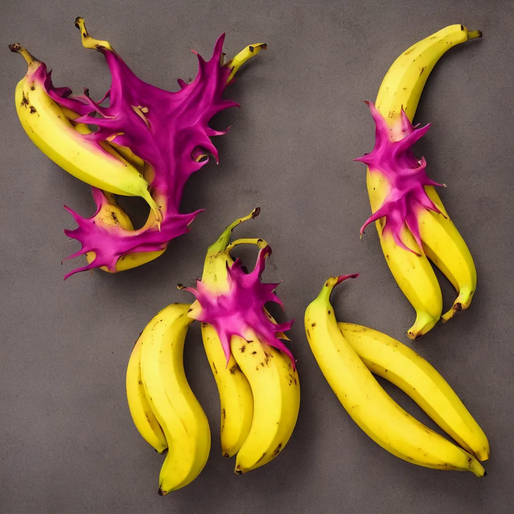 Image similar to banana in the shape of dragon fruit, hyper real, food photography, high quality