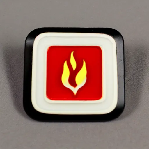 Prompt: a square enamel pin depicting a 1 9 6 0 s minimalistic clean fire flames warning label, smooth curves