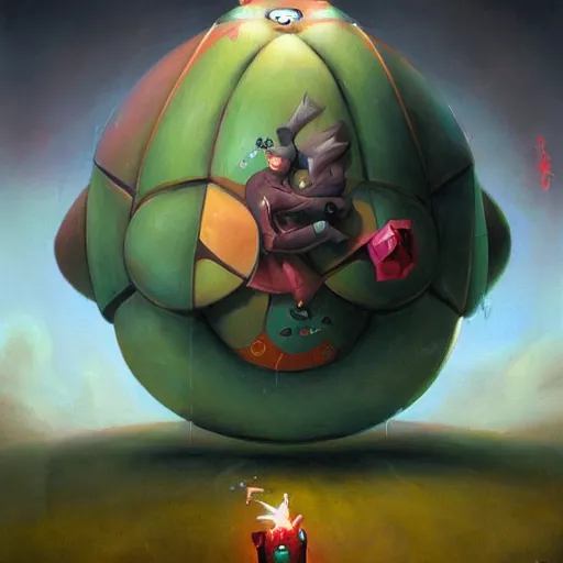 Image similar to the character from katamari damacy escapes from federal prison, painted by peter mohrbacher