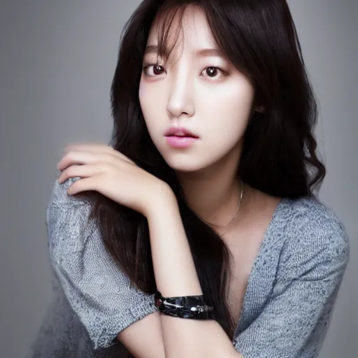 Image similar to Park shin hye look alike, beautiful south korean woman, model, actress, soft skin, black hair, dark brown eyes, studio lighting, hyper realistic, 8k, art station