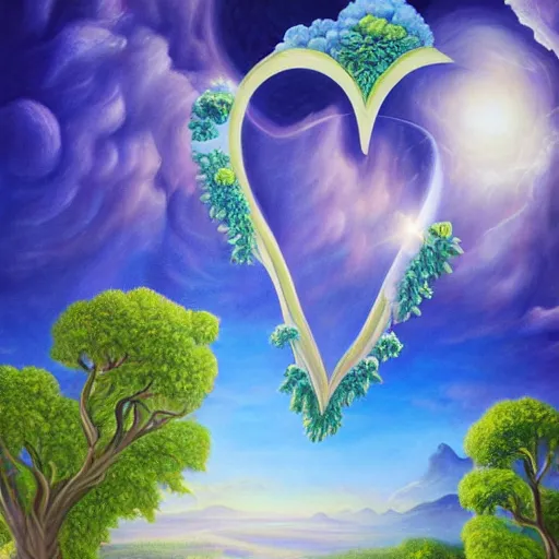 Image similar to a detailed fantasy painting of romantic hearts in the sky and big broccolis floating in the sky, by lauri blank, artgerm, evelyn de morgan, 8K, 50mm lens