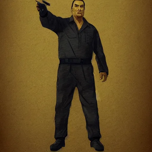 Image similar to sad steven seagal full body portrait, prison jumpsuit, prison jumpsuit, digital painting, artstation, concept art, smooth, sharp focus, illustration, whimsical background by marc simonetti, artwork by liam wong, patriotic!