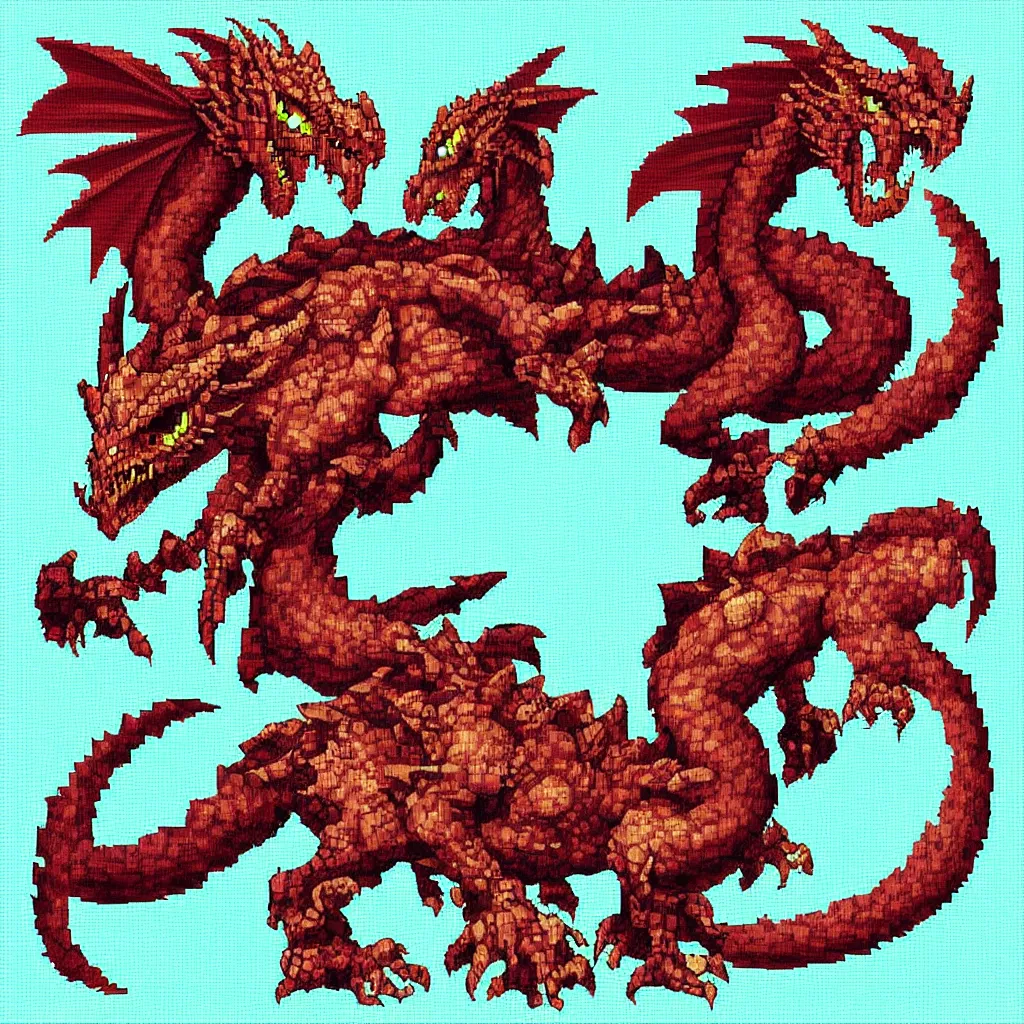 Prompt: pixelated dragon inspired by ragnarok online, 1 2 8 bit, 1 0 0 0 x 1 0 0 0 pixel art, 4 k, super detailed, nintendo game, pixelart, high quality, no blur, sharp geometrical squares, concept pixelart