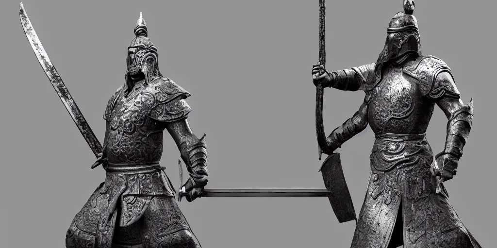 Image similar to the ancient Chinese warrior and his sword, high quality render, artstation, Unreal engine 5, octane render, 4k, dark gray background