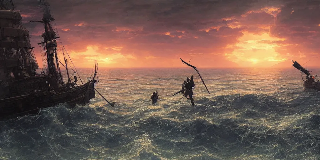 Image similar to two pirates facing each other in death duel, axes, gun, smoldering barrel, gunpowder smoke, dramatic, bloody scene, sunset background, ship on the horizon!, portrait 4 / 3, high detail, greg rutkowski, james gurney, gene wolfe, gustave dore, jesper ejsing, rhads, makoto shinkai, ilya kuvshinov