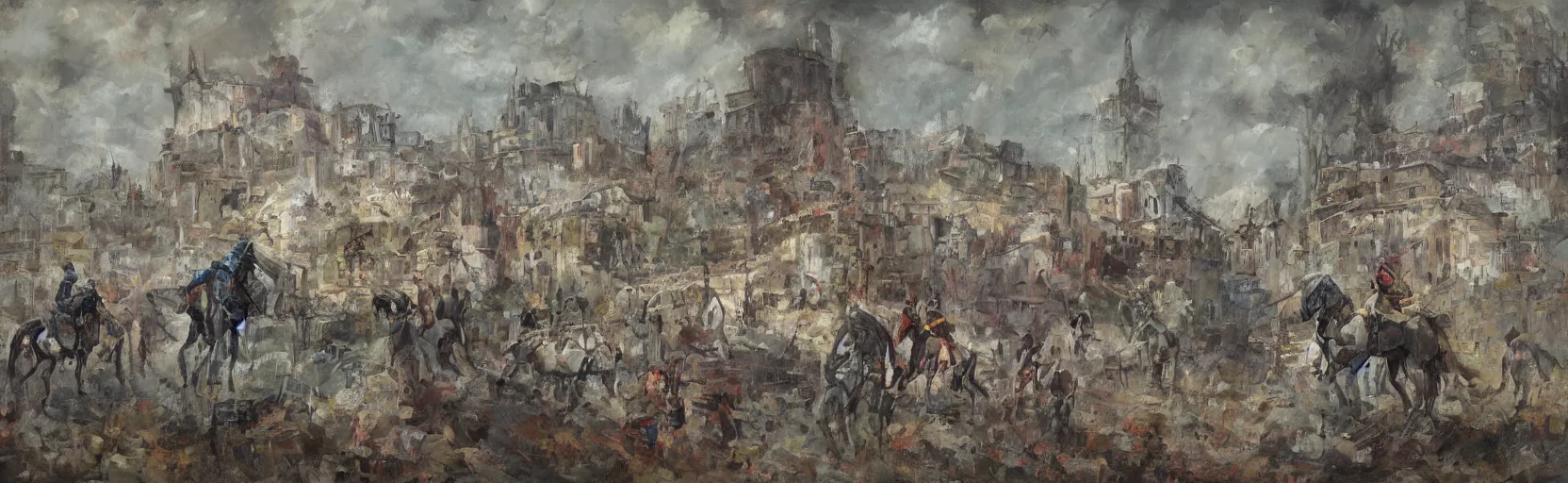 Image similar to horseback knights at scenic overlook; cloudy, grey skies, walled fort city deteriorating office buildings in background on hill; forest; la Bastille, post apocalyptic, grungy; oil on canvas, colorful, artstation