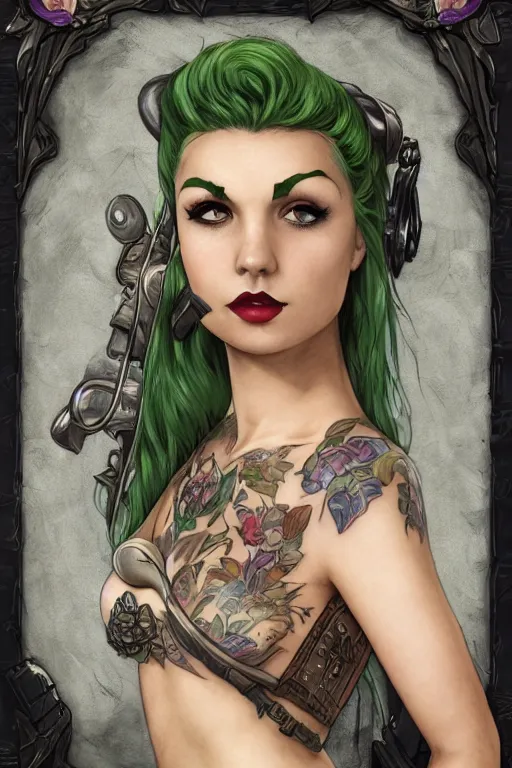 Prompt: green hair tattooed pinup hannah murray, rogue bard, feathers, baldurs gate, diablo, dnd, hulking, herculean, deep focus, turnaround, fantasy, intricate, elegant, highly detailed, digital painting, artstation, concept art, matte, sharp focus, illustration, hearthstone, art by artgerm and greg rutkowski and alphonse mucha.