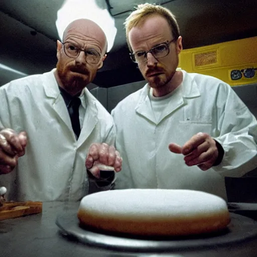 Image similar to walter white and jesse pinkman in gus frings underground laboratory making crystal covered donuts