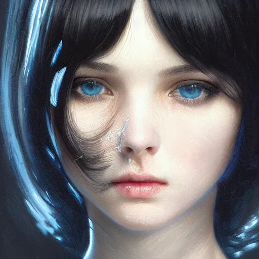 Prompt: portrait of teenage girl with glossy black hair, blue eyes, glowing porcelain skin, fashion model features, dark fantasy, academia, intricate, elegant, black dress, highly detailed, digital painting, artstation, concept art, smooth, sharp focus, illustration, art by Krenz Cushart and Artem Demura and alphonse mucha