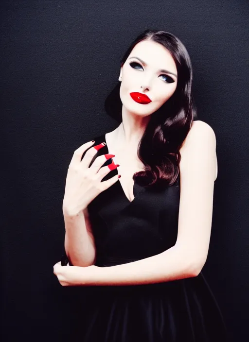 Prompt: pretty woman with red lips in black dress, polaroid, blurred background, theatre, fashion clothes, stylish, impressive photo