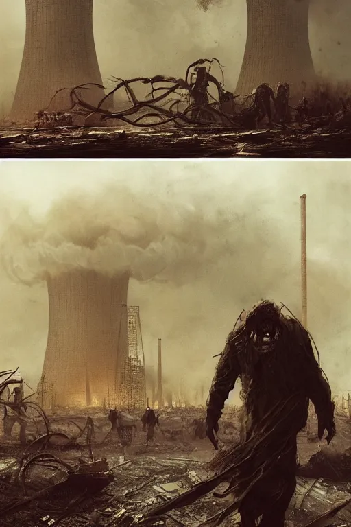 Prompt: The demons under the nuclear plant get released after an explosion and start terrorizing the families of people who work at the plant, horror, illustrated by Greg Rutkowski and Caspar David Friedrich., Trending on artstation, artstationHD, artstationHQ, 4k, 8k