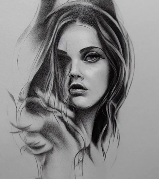 Image similar to tattoo design sketch of a beautiful woman face with a faded background of beautiful mountains and nature on her left side, hyper - realistic, in the style of den yakovlev, amazing detail, black and white