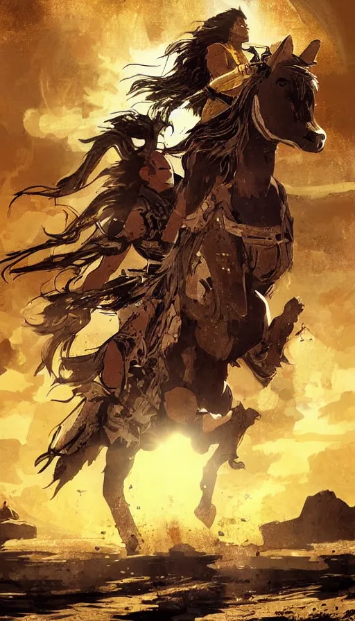 Image similar to jesus vs elvis on horseback, buddhist science fiction concept art, horizon zero dawn, shimmering gold colour palette by bill sienkiewicz