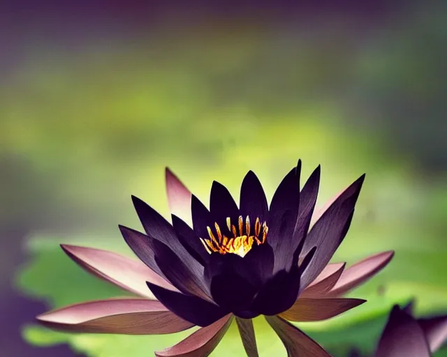 Image similar to black lotus flower, in forest, bokeh depth of field, illustration, by ( kieran yanner ) ( miranda meeks ) ( anna podedworna ) ( cristi balanescu ), digital art