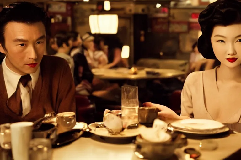 Prompt: movie interior closeup beautiful Japanese models couple closeup sitting and at 50s diner, night in the city, beautiful skin, by Emmanuel Lubezki