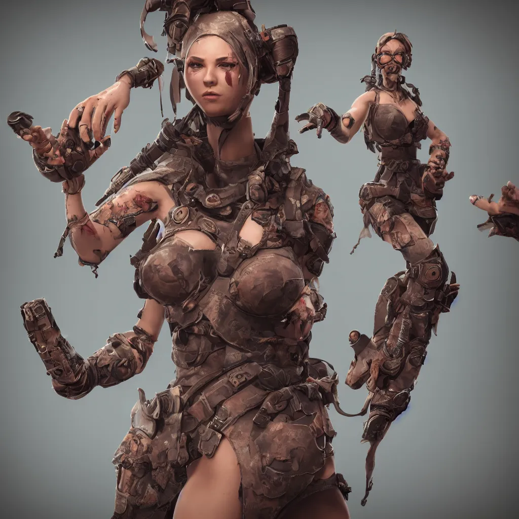 Image similar to female game character with multiple arms, highly detailed, octane render, bokeh