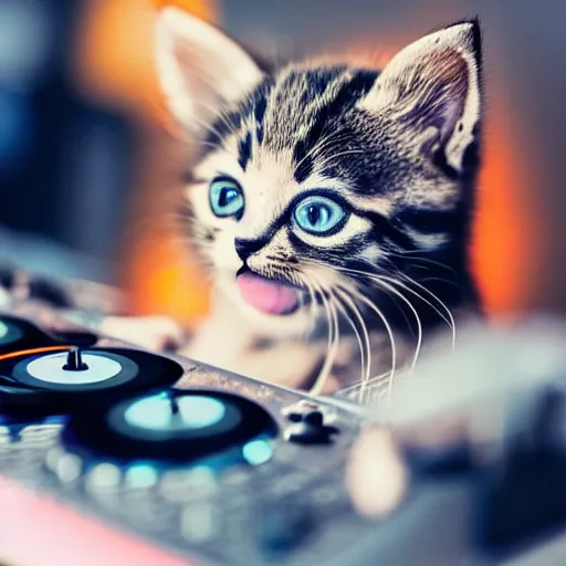 Image similar to a photo of a kitten DJing at a disco, cat, music, DJ, vinyl, headphones, dance