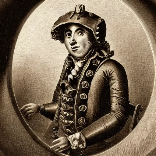 Image similar to an 18th century sepia photographic portrait of a clockwork steam robot