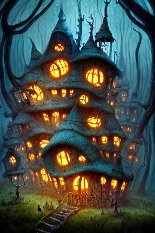 Prompt: a shot from a tim burton movie of a storybook style ramshackle multistory fairytale hut in the forest, intricate, elegant, fantasy, highly detailed, digital painting, concept art, sharp focus, artstation