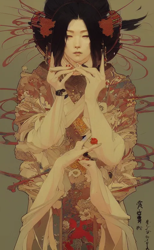 Image similar to personification of japan, highly detailed, digital painting, artstation, concept art, sharp focus, illustration, art by greg rutkowski and alphonse mucha