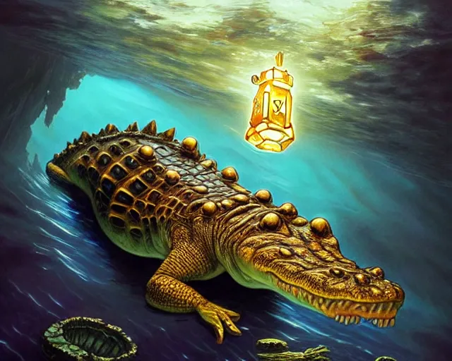 Image similar to a crocodile underwater discovering a glowing key on the bottom of a lake, deep focus, d & d, fantasy, intricate, elegant, highly detailed, digital painting, artstation, concept art, matte, sharp focus, illustration, hearthstone, art by artgerm and greg rutkowski and alphonse mucha