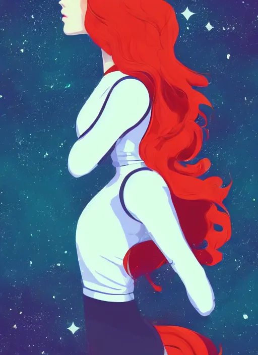 Image similar to a beautiful woman with red hair floating in space. she is an astronaut, wearing a space suit. clean cel shaded vector art. shutterstock. behance hd by lois van baarle, artgerm, helen huang, by makoto shinkai and ilya kuvshinov, rossdraws, illustration, art by ilya kuvshinov