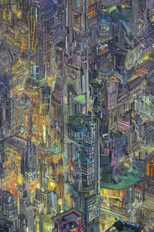 Prompt: A full-color airbrushed, ultra-detailed, hyperrealistic, photorealistic, mixed media, fineliner illustration of futuristic city at night with polluter air and art nouveau architecture, by P. Craig Russell , Moebius and Bill Sienkiewicz, trending on netfkix, trending on artstation