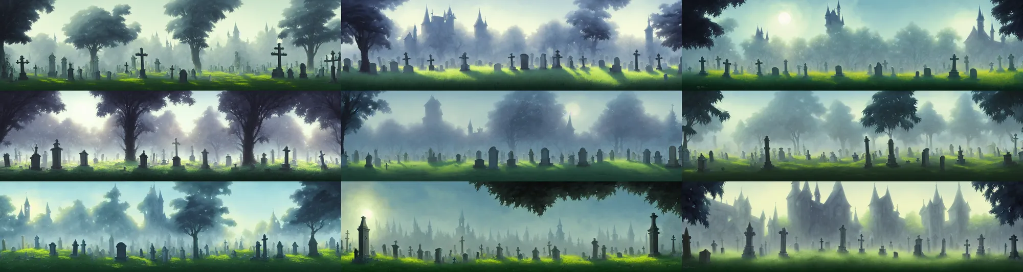 Prompt: a wholesome animation key shot of a foggy sunny graveyard with castle panorama floor, studio ghibli, pixar and disney animation, sharp, rendered in gouache painting, anime gouache key art by greg rutkowski, bloom, dramatic, dynamic lighting