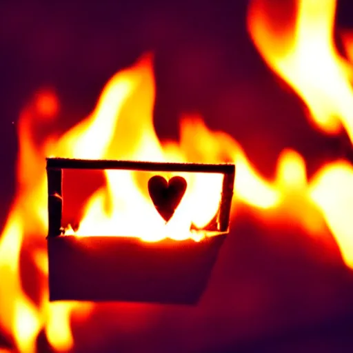 Prompt: a small bird burning love letters on a fire