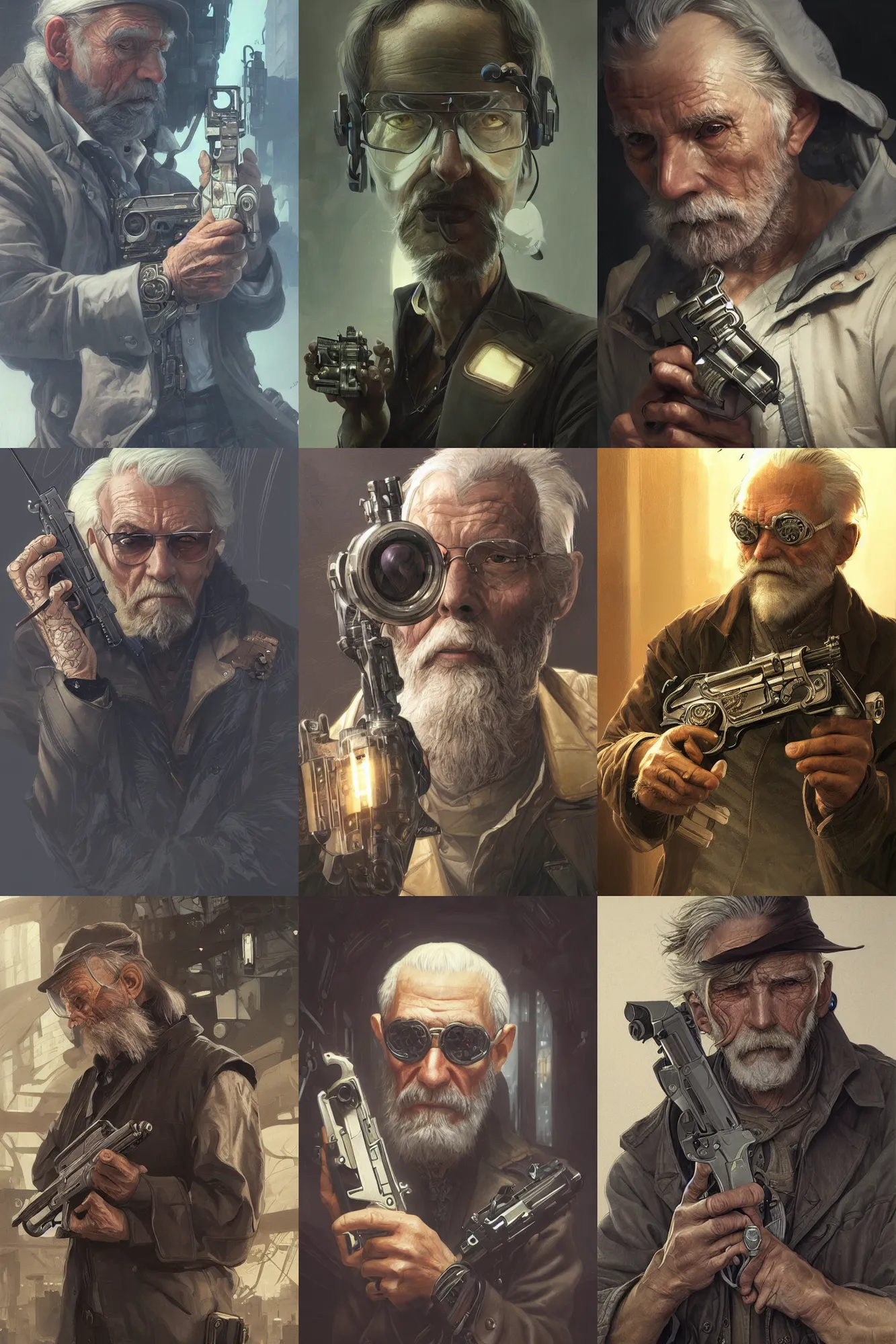 Prompt: Ultra realistic illustration, old man with revolver cyberpunk, sci-fi, fantasy, intricate, elegant, highly detailed, digital painting, artstation, concept art, smooth, sharp focus, illustration, art by artgerm and greg rutkowski and alphonse mucha