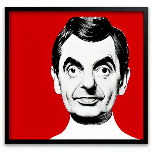 Prompt: a portrait of Mr Bean, made by Andy Warhol, two tone, very high contrast, only black and white, simplistic, extremely high contrast, two tone, notan art, by Andy Warhol, minimalistic,